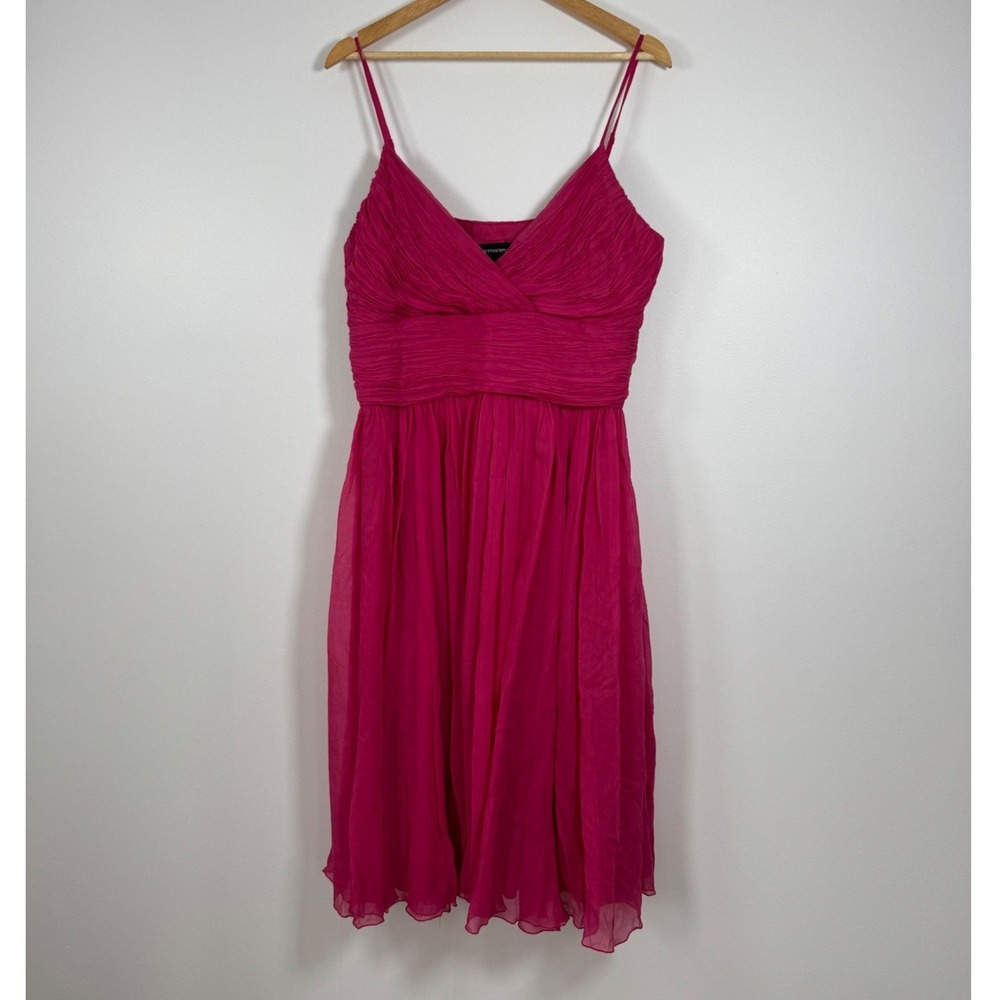 Barbiecore Sutton Studio 100%Silk Chiffon Dress Women 14 Fuchsia Pink Midi Party